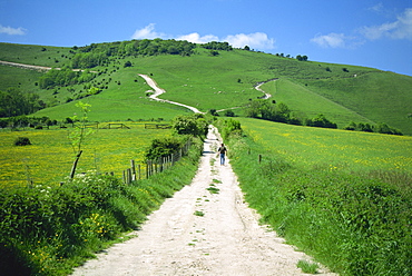 Figure on a pathway leading up a hill in the South Downs, near Lewes, Sussex, England, United Kingdom, Europe