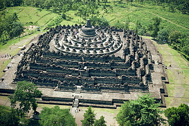 Aerial view over Borobudur, UNESCO World Heritage Site, Java, Indonesia, Asia