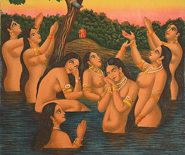 Print of women bathing together in India, Asia