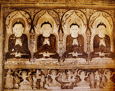 Four of the 28 Buddhas with hands in the Dhammacakka Mudra in Payathonzu Temple, dating from the 13th century, Bagan (Pagan), Minnanthu, Myanmar (Burma), Asia
