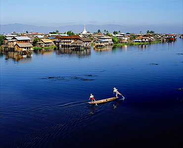 Inle Lake, and distant hills of Shan Plateau, Shan State, Myanmar (Burma), Asia