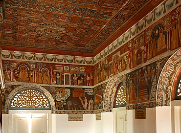 Image House, contains strip cartoon murals of the Jataka stories around the outer wall of the inner shrine, Subodharama Temple, dating from the mid 19th century, Dehiwala, Colombo, Sri Lanka, Asia