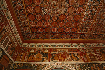 Detail of ceiling and walls of the Preaching Hall, Subodharama Temple, Dehiwala, Colombo, Sri Lanka, Asia