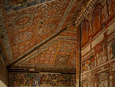 Ceiling of the Image House, which contains strip cartoon murals of the Jataka stories around the outer wall of the inner shrine, Subodharama Temple, dating from the mid 19th century, Dehiwala, Colombo, Sri Lanka, Asia