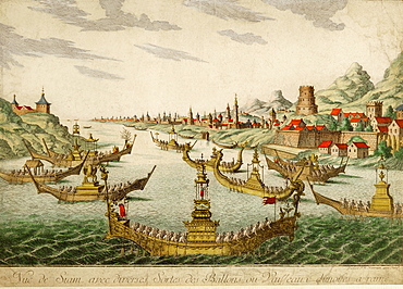 Old engraving of view of the royal barges in Ayutthaya, 17th century, Thailand, Southeast Asia, Asia