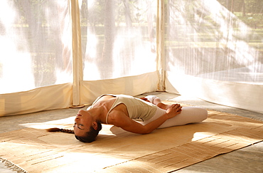 Mastyasana posture, yoga at Tent at the Shreyas Retreat, Bangalore, Karnataka, India, Asia