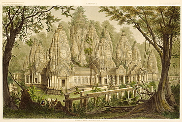 Engraving of the Bayon from Exploration de L'indo-Chine by Delaporte, Cambodia, Indochina, Southeast Asia, Asia