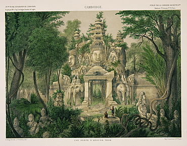 Engraving showing the Gate of Angkor Thom from Exploration de L'Indo-Chine by Delaporte, Cambodia, Indochina, Southeast Asia, Asia