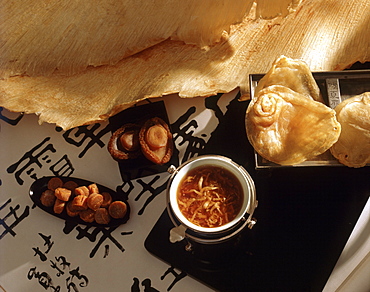 Shark fin soup and dry fins and abalone, China, Asia