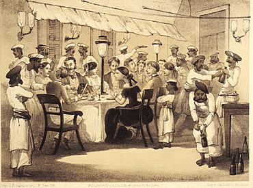 British colonials having dinner, illustration from the satirical book Curry and Rice on forty Plates by G. F. Atkinson from 1859, India, Asia