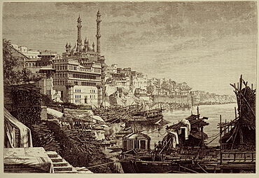 A 19th century engraving of Varanasi (Benares), Uttar Pradesh, India, Asia