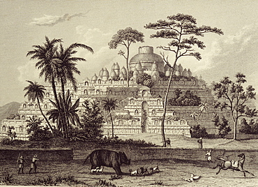 A 19th century engraving of the ruins of Borobudur, Java, Indonesia, Southeast Asia, Asia