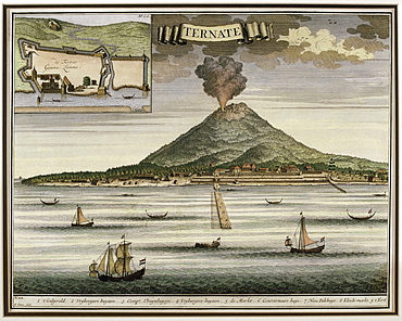 Illustration from Francois Valentijn's 18th century Oud Nieuw Oost-Indien showing the Island of Ternate, Moluccas Indonesia, Southeast Asia, Asia