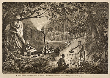 A 19th century engraving of the French explore Mouhot, the discoverer of Angkor, camping in the jungles, Laos, Indochina, Southeast Asia, Asia