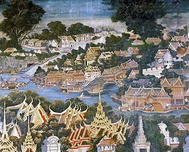 Detail of mural dating from 1864 showing Bangkok with the Chaophraya River and the Grand Palace roofs in the foreground, Wat Rajapradit, Bangkok, Thailand, Southeast Asia, Asia