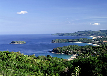 View of the coast of Phuket showing Kata Noi beach and Kata Beach in the foreground, Thailand, Southeast Asia, Asia