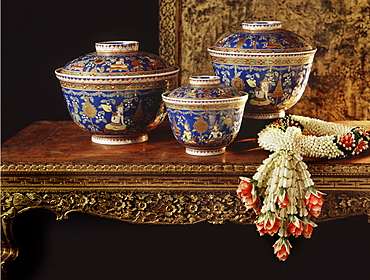 Leh Thong Bencharong enamelware bowls, decorated with Thep Chum Num (gathering of Devas) motif, ordered from China by King Rama II in the 19th century, Prasat Museum, Bangkok, Thailand, Southeast Asia, Asia