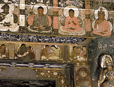 Detail of mural in Buddhist Cave No. 2, Ajanta, UNESCO World Heritage Site, Maharashtra, India, Asia