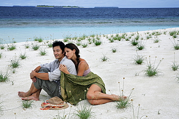 Couple on deserted island, Maldives, Indian Ocean, Asia