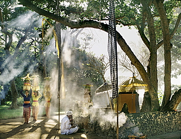 Balinese priest performing a ritual at a small shrine, Bali, Indonesia, Southeast Asia, Asia