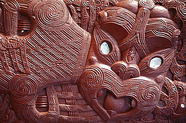 Close-up of Maori carving on Ohinemutu marae meeting house, Rotorua, South Auckland, North Island, New Zealand, Pacific