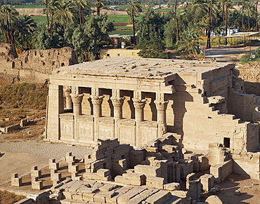 Aerial view over the Birth House and the Coptic Church, at the Temple of Hathor, Dendera, Egypt, North Africa, Africa