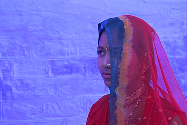 Portrait of a local woman in the 'Blue City', Jodhpur, Rajasthan State, India, Asia