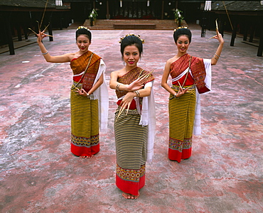 Portrait of three women in traditional Thai costume, Chiang Mai, Thailand, Southeast Asia, Asia