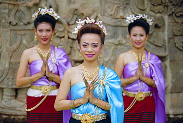 Portrait of three traditional Thai dancers, Chiang Mai, northern Thailand, Asia