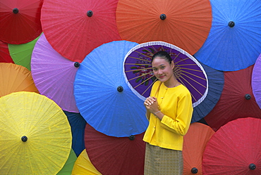 Portrait of a young woman, Bo Sang umbrella village, Chiang Mai, northern Thailand, Asia