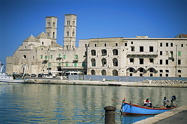 View across harbour to Duomo Vecchio, Molfetta, Puglia, Italy, Mediterranean, Europe