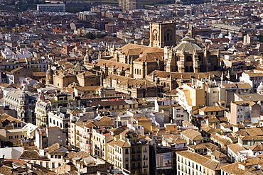 View of city showing the cathedral, from the watch tower of the Alcazaba, Granada, Andalucia, Spain, Europe