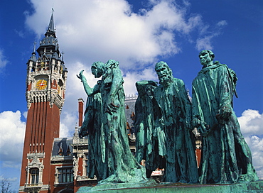 Monument to the Burghers of Calais by Rodin, in front of the town hall of Calais, Nord Pas de Calais, France, Europe