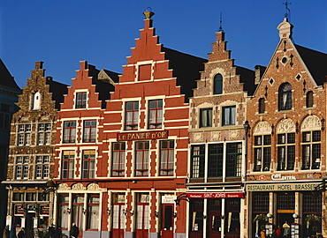 Gabled buildings around the Markt, or Market Square, in the medieval town of Bruges, Belgium, Europe