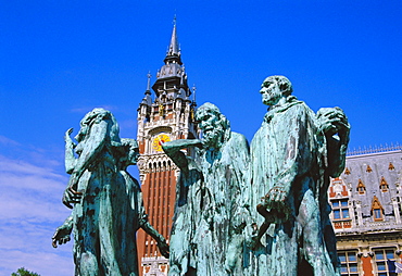 The Burghers of Calais, statue by Rodin, in front of the Town Hall, Calais, Pas-de-Calais, Picardie (Picardy), France, Europe