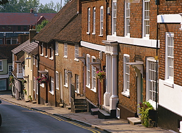 Terraced houses on a steep hill, Fore Street, Old Hatfield, Hertfordshire, England, United Kingdom, Europe