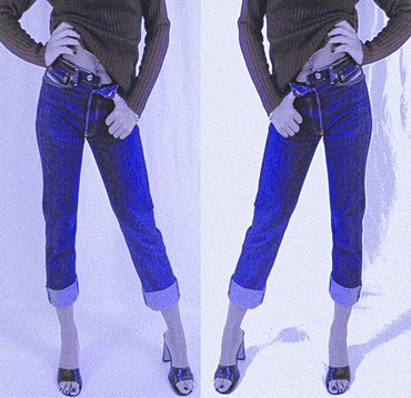 Double image of a model wearing blue jeans