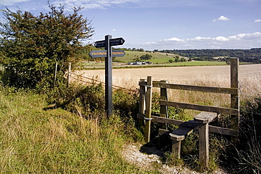 Stile on the Ridgeway Path, Pitstone Hill, Chilterns, Buckinghamshire, England, United Kingdom, Europe