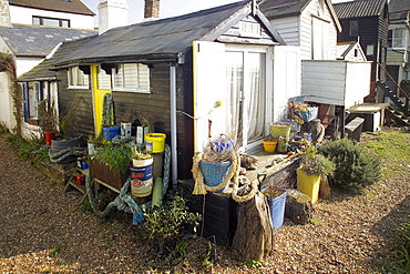 Wooden fishing huts on the seafront, Whitstable, Kent, England, United Kingdom, Europe