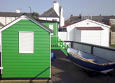 Wooden fishermen's huts on the seafront, Whitstable, Kent, England, United Kingdom, Europe