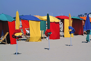 Multi-coloured beach tents and umbrellas, Deauville, Calvados, Normandy, France, Europe