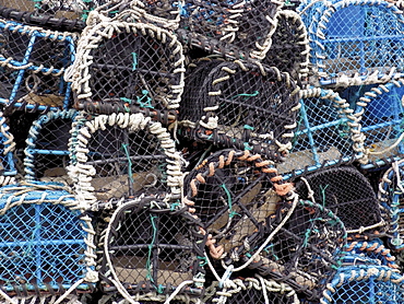 Lobster pots in the fishing harbour at Loguivy, Cote de Granit Rose, Cotes d'Armor, Brittany, France, Europe