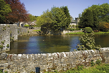 Medieval bridge over the River Wye, Ashford in the Water, Derbyshire, Peak District National Park, England, United Kingdom, Europe