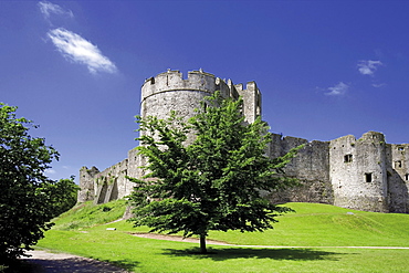 Start of the Wye Valley Walk and Offa's Dyke long distance footpath at Chepstow Castle, Chepstow, Monmouthshire, Wales, United Kingdom, Europe