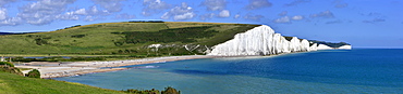 Cuckmere Haven and the Seven Sisters chalk cliffs, from the South Downs Way, East Sussex, England, United Kingdom, Europe 