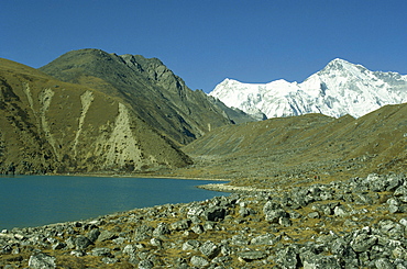 Longpanga Lake with lateral moraine on the right in the Gokyo Valley in Khumbu Himal in Nepal, Asia