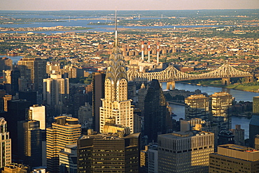 Aerial view over the Manhattan skyline at dusk, New York City, United States of America, North America