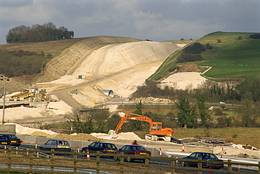 Cutting through chalk hill for the construction of a new section of the M3 Motorway, Twyford Down, England, United Kingdom, Europe