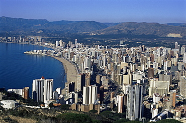 High rise apartments lining beach zone, Benidorm, Costa Blanca, Valencia region, Spain, Mediterranean, Europe