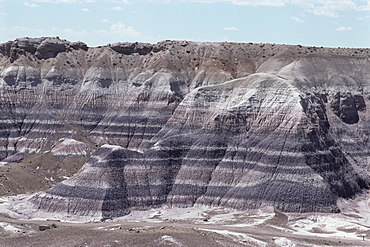 Sedimentary rocks, clay, colour banded by iron oxides, horizontal Triassic Chinle Clay, Blue Mesa, Painted Desert, Arizona, United States of America, North America